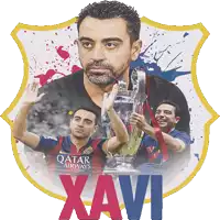 a poster of a man holding a trophy with the word xavi on it