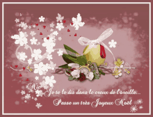 a christmas card with flowers and a pear on it