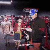 a group of anime characters are standing in a gym and one of them is wearing a la hat