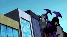a cartoon character stands in front of a building