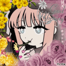 a picture of a girl surrounded by flowers with the words good morning