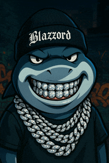 a shark wearing a black beanie that says blazzard