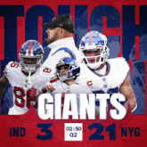 a poster for the new york giants showing a coach and three players