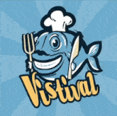 a cartoon fish wearing a chef 's hat and holding a fork and knife with the word vistival written below it