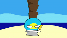 a cartoon drawing of a ball with a yellow circle on it