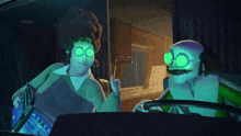 a man and a woman are sitting in a car and the man is wearing glasses that say all