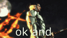a man in a suit is standing in front of a fire and the words ok and are below him