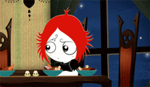a cartoon of a girl with red hair sitting at a table