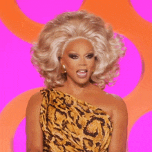 drag queen rupaul is wearing a leopard print dress and a wig .