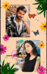 a picture of a man and a woman surrounded by flowers and butterflies with the name mara written on the bottom