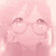 a close up of a person wearing glasses and a pink shirt .