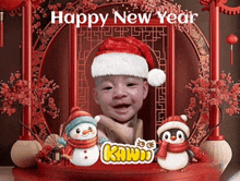 a baby wearing a santa hat is surrounded by snowmen and penguins on a new year card