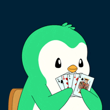 a cartoon of a penguin holding playing cards with the words " oops " above him