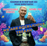 a poster for escapade in to deep blue sea ocean family battle shows a man in a suit