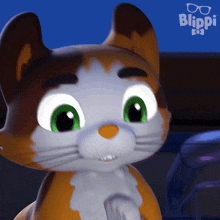 a cartoon cat with green eyes and the word blippi on the bottom right
