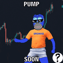 a monkey wearing an orange shirt that says $ ronke on it