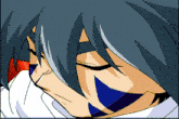 a close up of a person 's face with a blue stripe on it