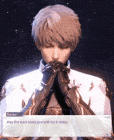 a video game character named xavier praying with his hands folded