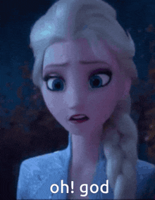 a close up of a cartoon character with the words oh god written on it