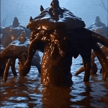 a group of monsters are standing in the water looking for food