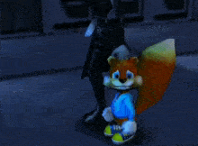 a cartoon squirrel is standing next to a man in a suit .