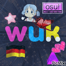 a picture of a girl with the words osu beat the rhythm on it