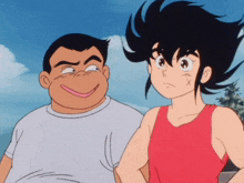 two cartoon characters are standing next to each other and smiling