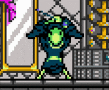 a pixel art drawing of a monster hanging from a rope
