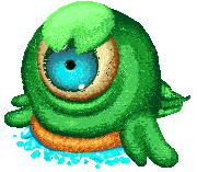 a green monster with a blue eye and a leaf on it 's head