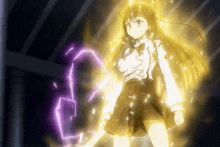 a girl with long hair is standing in a dark room with a purple lightning bolt in the background