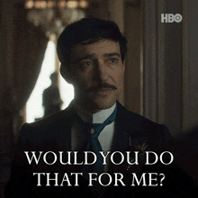 a man in a tuxedo and tie is asking would you do that for me