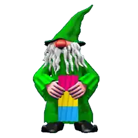 a gnome with a green hat and beard holds a colorful flag