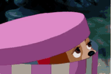 a dog is sticking its head out of a pink box .
