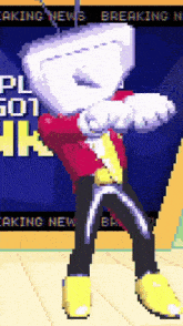 a pixel art of a person dancing in front of a breaking news sign