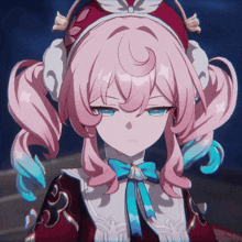 a girl with pink hair and blue eyes is wearing a red hat and a bow tie