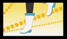 a person wearing white boots is walking on a yellow and white background