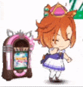 a cartoon girl is standing next to a jukebox and smiling .