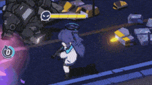 a girl is holding a gun in a video game and fighting a robot .