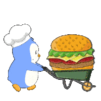 a penguin wearing a chef hat is pushing a wheelbarrow full of a hamburger