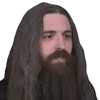 a man with long hair and a beard looks to his left