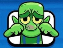 a green cartoon character is making a sad face and pointing at himself .