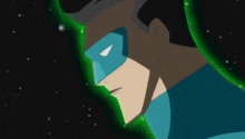 a close up of a cartoon character with a blue mask