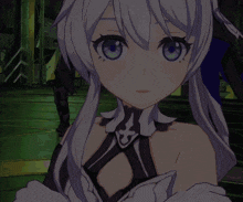 a girl with white hair and blue eyes looks at the camera with a serious look on her face