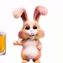 a cartoon bunny is holding a glass of beer and smiling