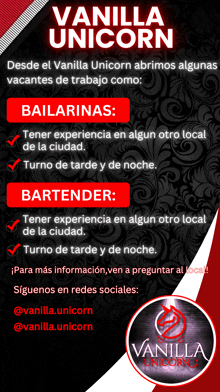 a flyer for vanilla unicorn advertises positions such as bailarinas bartender and bailarinas