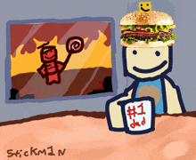 a cartoon drawing of a man holding a cup that says # 1 dad