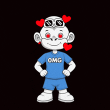 a cartoon monkey wearing sunglasses and a blue shirt that says omg