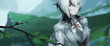 a girl with white hair and red eyes is standing in a field with a tree branch in the foreground .