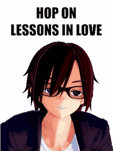 a cartoon character with glasses and the words " hop on lessons in love "
