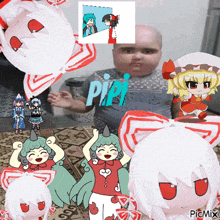 a baby is surrounded by cartoon characters and the word pipi is on the bottom right